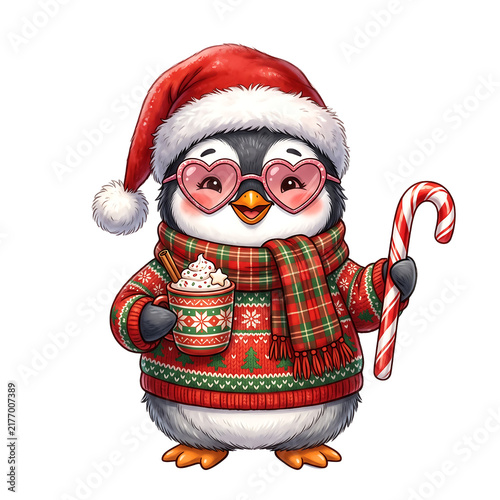 Cute Penguin in Santa Hat with Candy Cane and Hot Cocoa Isolated on White Background