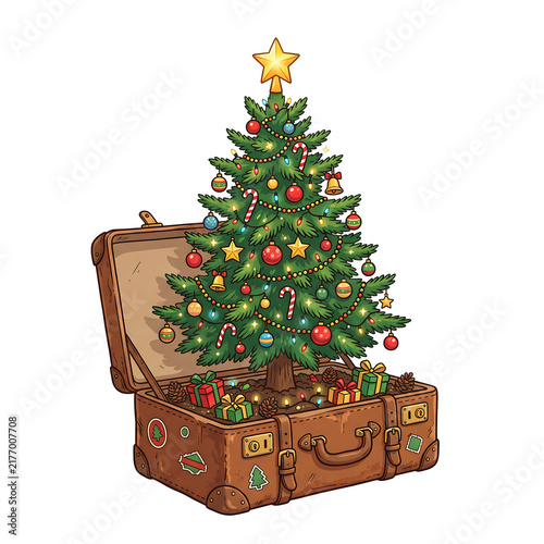 Decorated Christmas tree inside a vintage travel suitcase isolated on white background