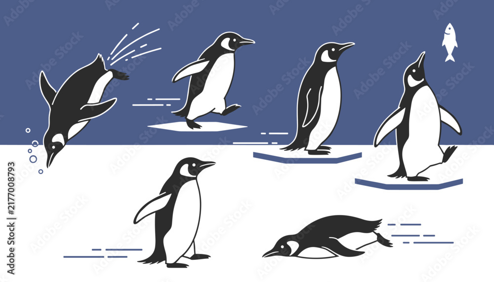 Obraz premium Cute cartoon penguin character illustration set showing different actions like swimming, walking, and sliding.