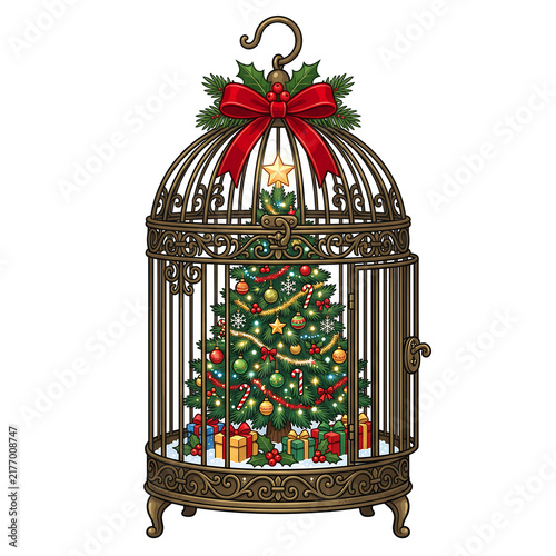 Christmas tree inside vintage decorative birdcage with red bow isolated on white background