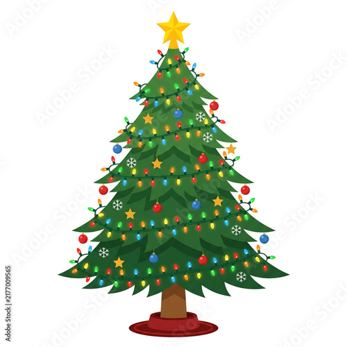 Decorated Christmas tree with colorful lights and star topper isolated on white background