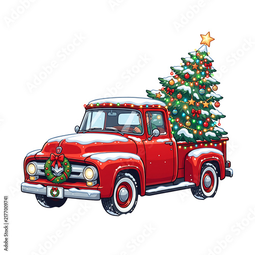 Red vintage pickup truck carrying a decorated Christmas tree isolated on white background