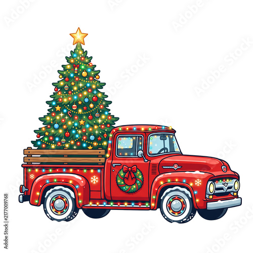 Red Christmas truck carrying a decorated pine tree, festive holiday clipart isolated on white.