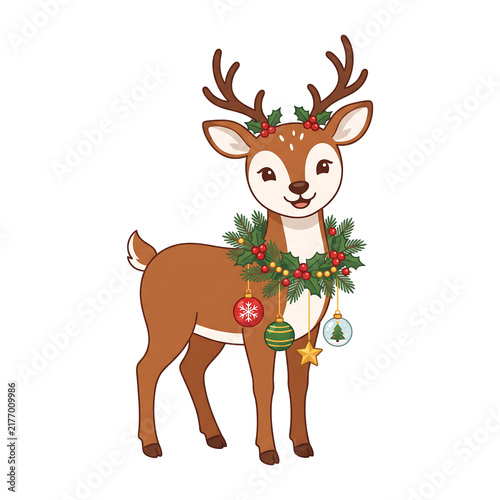 Cute Christmas Reindeer Clipart with Holiday Wreath and Ornaments Isolated on White