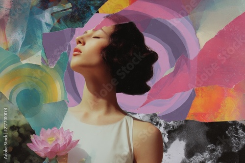 Meditative woman collage with floating lotus and layered circular mandala background for calm poster and wellness design