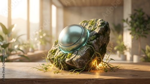 Futuristic Metallic Orb Embedded in Mossy Rock with Glowing Roots on Wooden Table in Sunlit Interior