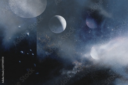 Celestial eclipse collage background with misty planets and starfield for cosmic poster and space wallpaper design