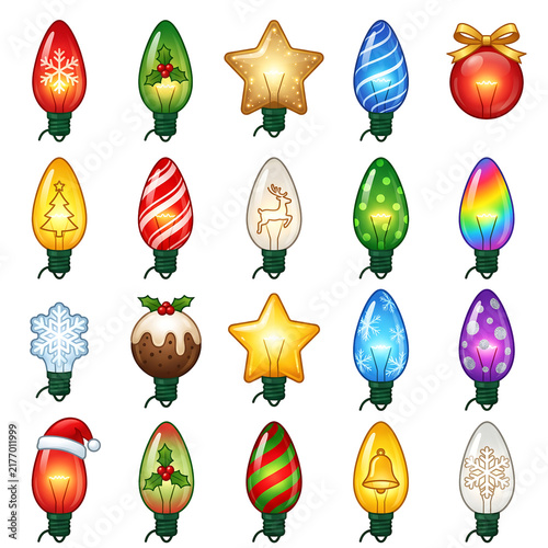 Set of colorful Christmas light bulbs with festive patterns and holiday icons isolated