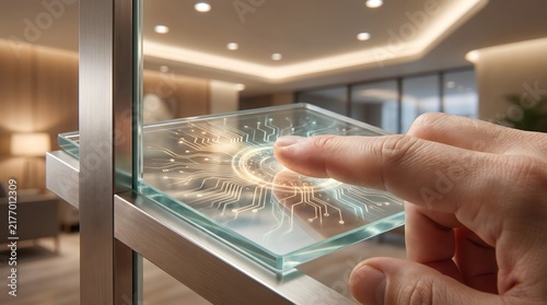 Human Finger Touching Futuristic Transparent Digital Interface on Glass with Glowing Circuitry