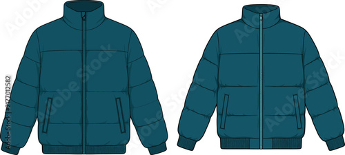 Men Oversized Puffer Jacket Technical Flat Sketch Front View Vector Illustration Set for Garment CAD Design