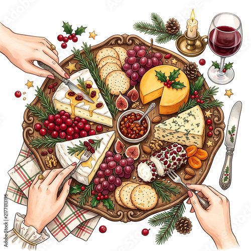Festive Christmas Cheese Board with Fruit and Wine Isolated on White Background