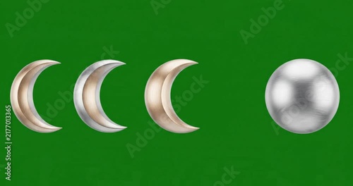 3D metallic crescent moons and silver full moon sphere on green screen background