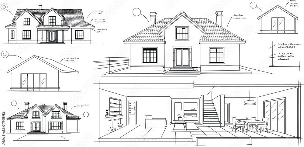 Obraz premium Architectural House Blueprint Sketch Set with Modern Building Elevations Floor Plan and Interior Section Cut Vector Illustration