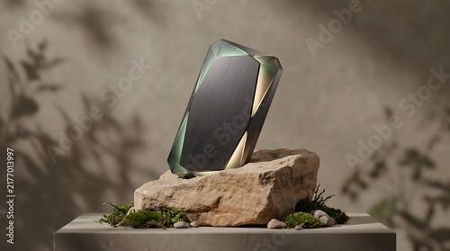 Futuristic Geometric Gadget on Natural Stone Podium with Moss and Leaf Shadows