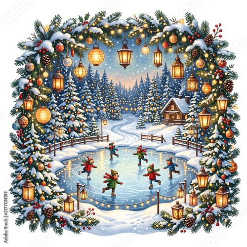 Children ice skating on a frozen pond framed by festive Christmas lanterns and pine trees