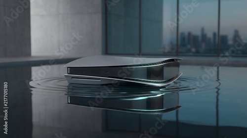 Futuristic Gaming Console Floating on Water Surface in Modern Architecture with City Skyline View