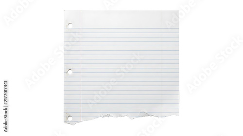 A single sheet of white lined notebook paper with three hole punches for school or office use on a flat surface