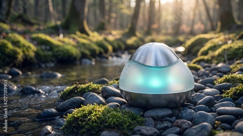 Futuristic Glowing Smart Device on River Stones in Mossy Forest, Sustainable Green Tech Concept