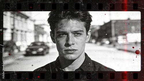 Film on dark background. Black and white, cinematic, old, vintage, retro 35mm strip. Scratched, bloody, distressed, burned, stained, dusty, analog. Bloody portrait of an movie actor