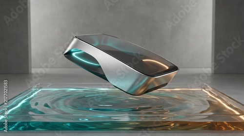 Futuristic Metallic Device Levitating Over Rippling Water with Cyan and Amber Neon Glow