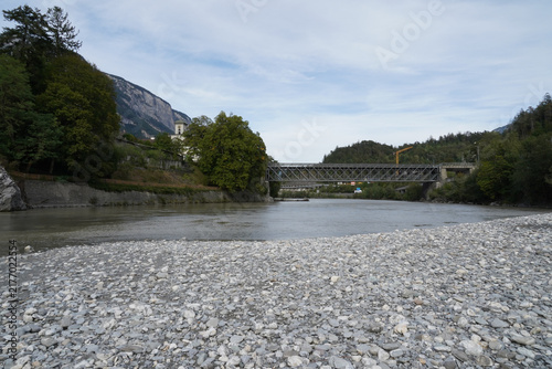 Very dry Vorder and Hinterrhei confluence, near the village Reichenau, Switzerland.