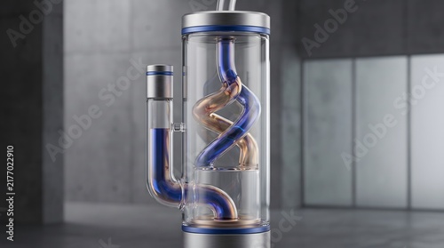 Futuristic Scientific Glass Apparatus with Blue Liquid and Spiral Internal Tubes in High-Tech Laboratory Setting