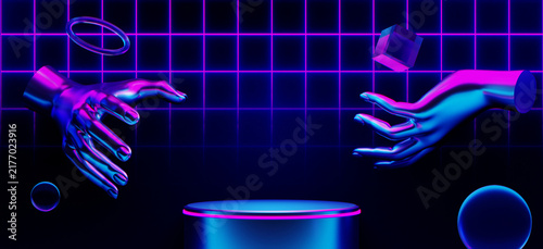 abstract backgound video game of scifi gaming cyberpunk, vr virtual reality simulation and metaverse, scene stand pedestal stage, 3d illustration rendering, futuristic neon glow room