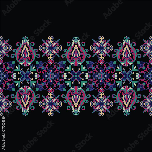 Ethnic-inspired floral motifs for textile pattern design.