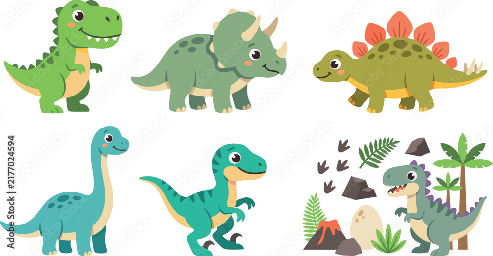 Naklejka premium Cute Dinosaur Vector Set with Tyrannosaurus Rex Triceratops Stegosaurus Brachiosaurus and Prehistoric Elements