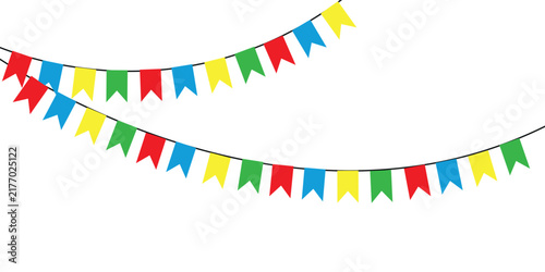 Colorful party flags hanging on strings isolated on transparent background