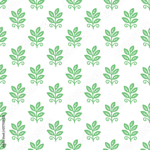 Fresh Green Leaf Branch Seamless Pattern. Minimalist botanical hand drawn leafy sprigs repeat pattern on white background for organic packaging and nature decor.