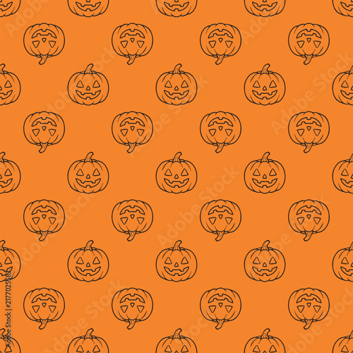 Jack-o'-Lantern Pumpkin Halloween Seamless Pattern. Black line art carved spooky pumpkins repeat pattern on bright orange background for Halloween packaging and wallpaper.