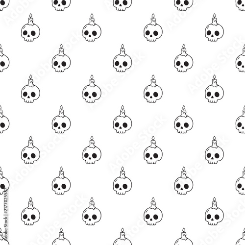 Skull with Candle Halloween Seamless Pattern. Minimalist black and white hand drawn skulls with melting candles repeat pattern on white background for spooky decor.