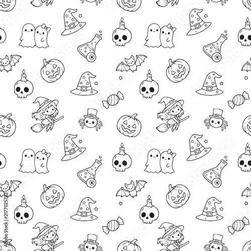 Cute Halloween Line Art Seamless Pattern. Hand drawn black and white spooky doodle repeat pattern with witch, pumpkin, ghost, and bat on white background.
