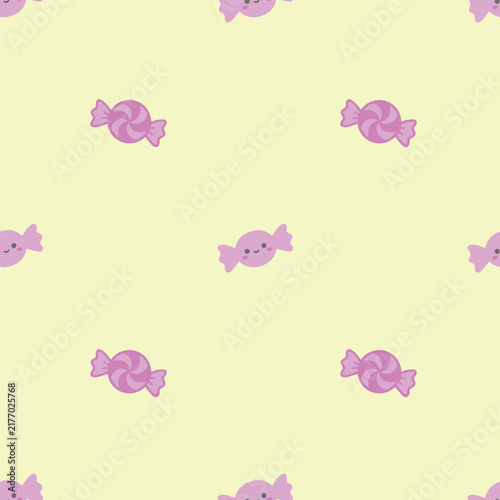 Cute Pastel Pink Candy Seamless Pattern. Kawaii wrapped sweet candy repeat pattern on light yellow background for kids party, packaging, and nursery decor.