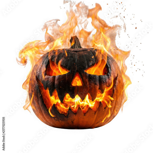 Scary halloween pumpkin jackolantern engulfed in intense flames isolated on transparent background