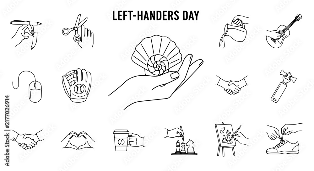 Fototapeta premium Left-Handers Day Icons: Writing, Scissors, Guitar, Coffee, Art, Sports, Love