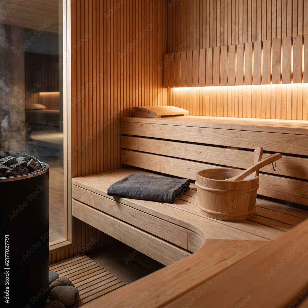 Obraz premium Modern Scandinavian style sauna interior close-up with natural wooden benches, ambient lighting and minimalist spa atmosphere
