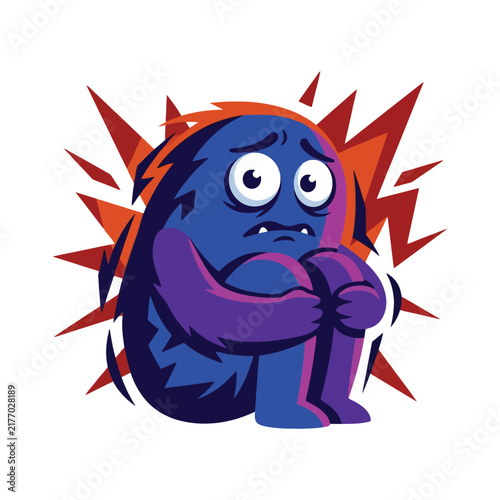 A small frightened blue creature sitting huddled and shivering in fear while sharp jagged red shapes explode around its back to represent intense emotional distress and feeling overwhelmed by