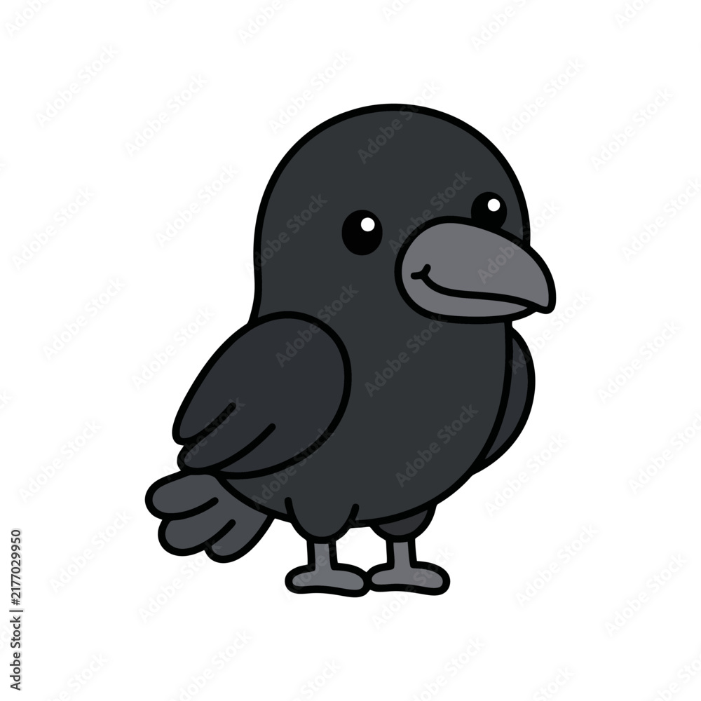 Obraz premium Cute cartoon black raven illustration with happy expression on white background.