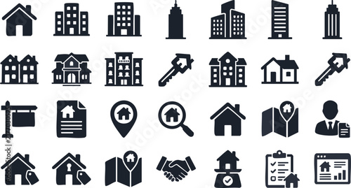 Real estate and construction flat icons set with house blueprints and tools on white background