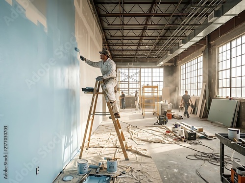 A construction worker is diligently painting an interior wall within a spacious abandoned industrial building currently being renovated and restored in bright daylight