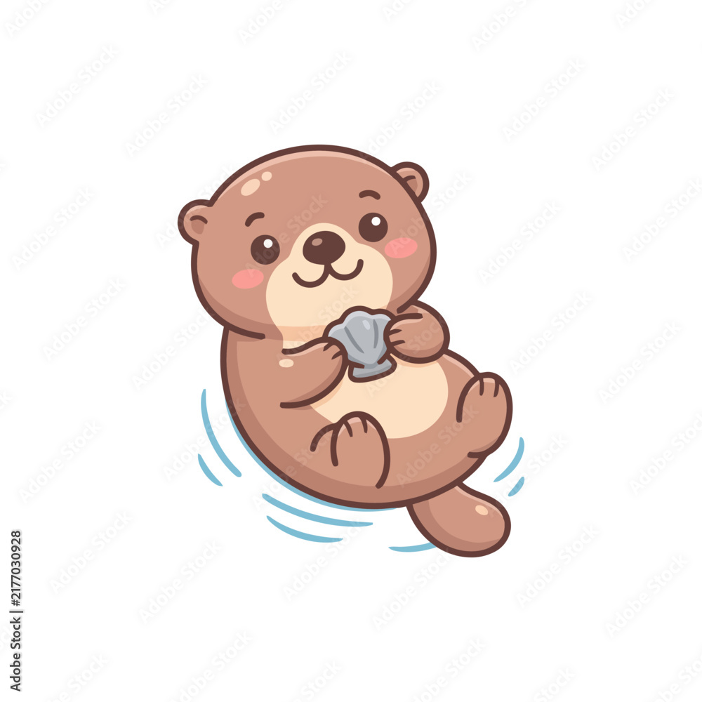 Fototapeta premium Cute cartoon otter relaxing and holding a small fish.