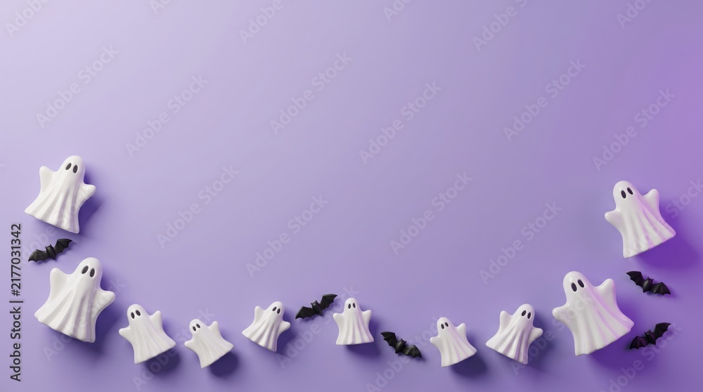 Naklejka premium Top view of cute small ghost decorations arranged on a purple background for a fun halloween celebration