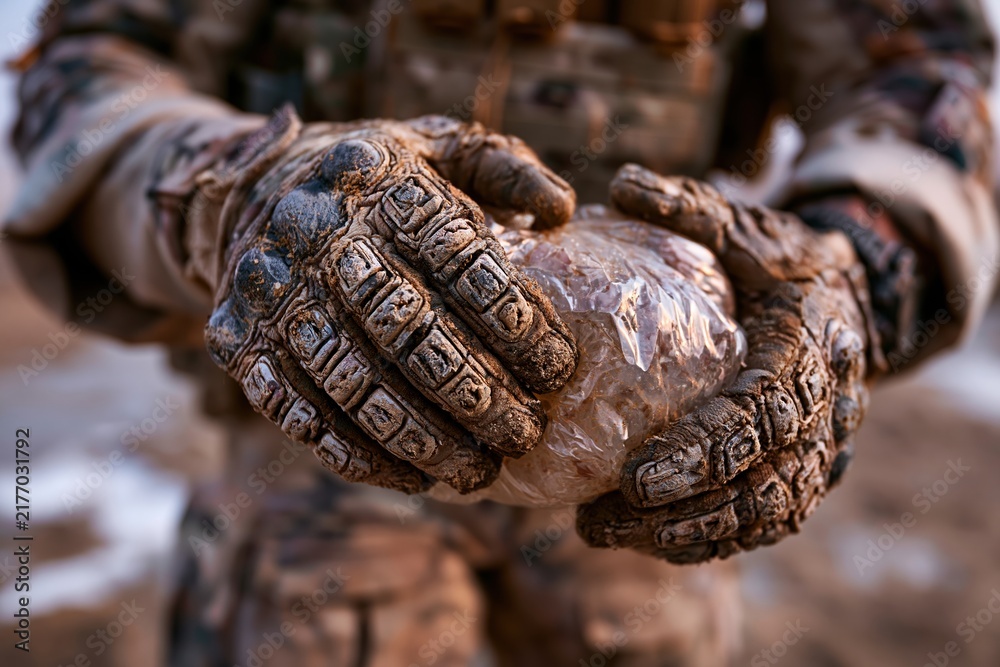 Fototapeta premium Tactical Soldier Hands Holding Crystal