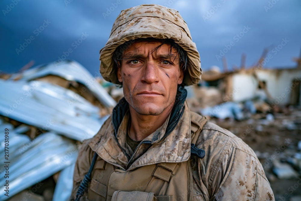 Obraz premium Serious Soldier in Camouflage Gear Outdoors