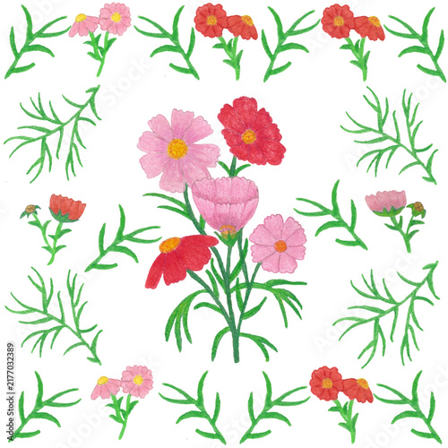 Hand Drawn Pink and Red Floral Elements with Greenery