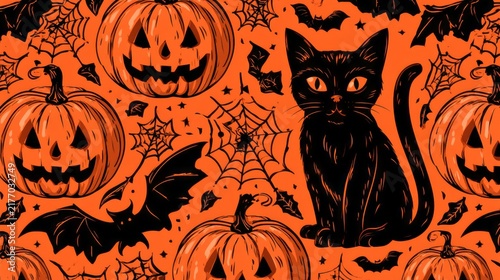 Halloween seamless pattern background with spooky seasonal icons, pumpkins, bats, ghosts, spider webs, skulls, and autumn elements, festive horror themed vector illustration for wrapping paper, fabric