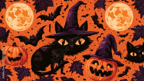 Halloween seamless pattern background with spooky seasonal icons, pumpkins, bats, ghosts, spider webs, skulls, and autumn elements, festive horror themed vector illustration for wrapping paper, fabric