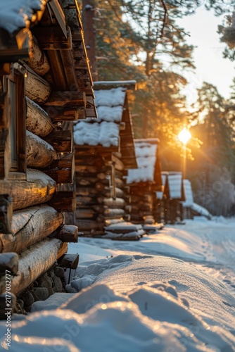 Traditional log cabin in a rustic village setting